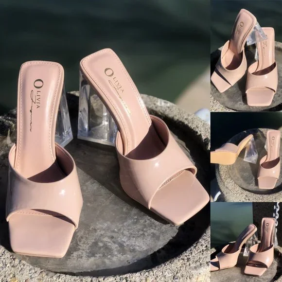 NEW Patent Clear Triangle High Block Heel Square Toe Slip On Sandals Mules Shoes - Picture 8 of 10